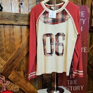 202 POL Red and Cream Plaid Long Sleeve Top